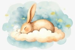 Watercolor sleeping rabbit at cloud. Generate Ai Product Image 1
