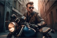 Cool guy on motorbike wearing leather jacket. Generate ai Product Image 1