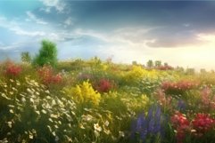 Field of wild flowers on sunset. Generate Ai Product Image 1