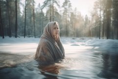 Beautiful lady in winter forest lake. Generate ai Product Image 1