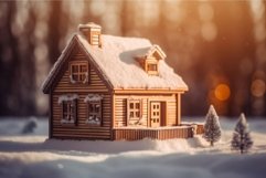 Miniature wooden house at winter sunset. Generate Ai Product Image 1