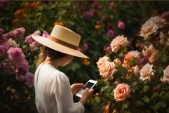 Woman garden flowers phone. Generate Ai Product Image 1