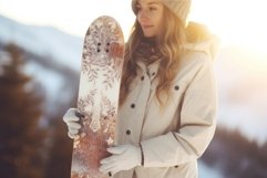 Woman holding snowboard. Generate Ai Product Image 1