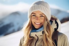 Woman smiling holding snowboard. Generate Ai Product Image 1