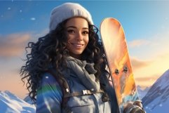 Woman holding snowboard in mountains. Generate Ai Product Image 1