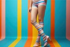 Woman in striped stockings on color background. Generate Ai Product Image 1