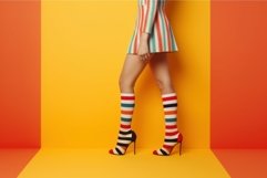 Woman in striped stockings in high hell shoes on color backg Product Image 1