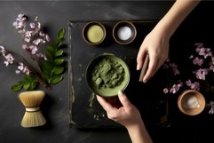 Woman preparing matcha tea at black table. Generate Ai Product Image 1