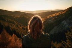 Woman scenic mountain natural rear view. Generate ai Product Image 1