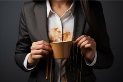 Woman showing stain of coffee her jacket. Generate Ai Product Image 1