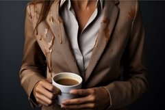 Woman showing stain of coffee her fashion jacket. Generate A Product Image 1