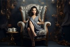 Woman elegant sit in armchair and drink coffee. Generate Ai Product Image 1
