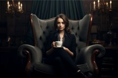 Woman armchair drink hot coffee. Generate Ai Product Image 1