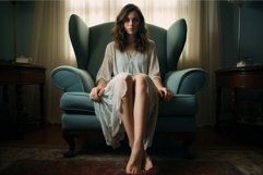 Woman sit armchair drink coffee at morning. Generate Ai Product Image 1