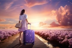 Woman suitcase lavender sunset. Generate Ai Product Image 1