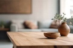 Wooden table living room cozy interior. Generate Ai Product Image 1