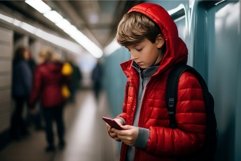 Young boy red jacket London subway. Generate AI Product Image 1