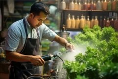 Shop assistant spraying water on herbs. Generate Ai Product Image 1