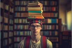 Young student in glasses with books in bookstore. Generate A Product Image 1