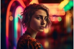 Young girl in neon colorful illuminated room. Generate ai Product Image 1