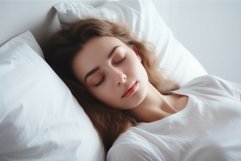 Young woman sleeping on white pillow. Generate Ai Product Image 1