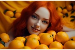 Young woman happy smiles on pile oranges. Generate Ai Product Image 1