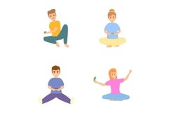 Computer game icons set cartoon vector. People with joystick Product Image 1