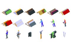 Roofer icons set isometric vector. Roof repair Product Image 1