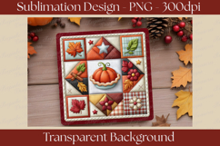 Set of four fall patchwork quilt-style coaster PNG designs featuring pumpkins, autumn leaves, sunflowers, and a whimsical scarecrow in warm farmhouse colors for sublimation and seasonal home décor.