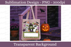 Cute customizable Halloween name plate featuring a mummy, Frankenstein monster, ghost wearing a spiderweb cap, candy bat, bats, colorful stars, and a blank sign for adding a personalized name. Perfect for sublimation, classroom décor, Halloween gifts, and