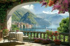 Romantic italian balcony overlooking picturesque lake and mo Product Image 1