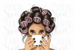 Brunette Woman With Curlers |Png File Coffee Product Image 3