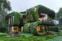 Greeneryclad ecofriendly modern house at dusk Product Image 1