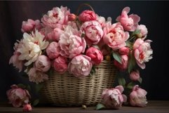 Elegant peonies in wicker basket still life Product Image 1