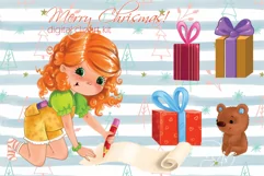 Cute girl with gifts and teddy bear Christmas clipart kit Product Image 2