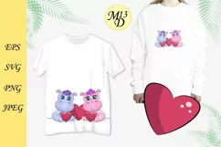 Cute cartoon couple of hippos with hearts, love concept Product Image 2