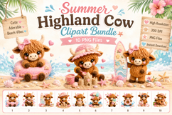 Summer Highland Cow Clipart Bundle, Cute Beach Cow PNG Product Image 1