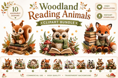Woodland Reading Animals Clipart Bundle, Cozy Forest Animal Product Image 1
