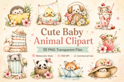 Cute Baby Animal Clipart Bundle, Watercolor Baby Animals PNG Product Image 1