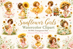 Sunflower Girls Watercolor Clipart Bundle, Cute Floral Fairy Product Image 1