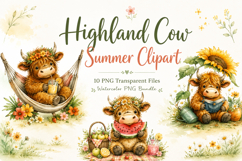 Highland Cow Summer Watercolor Clipart Bundle, Cute Cow PNG Product Image 1