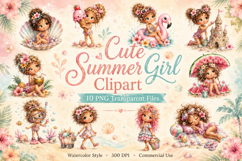 Cute Summer Girl Clipart Bundle, Watercolor Beach Girl PNG Product Image 1