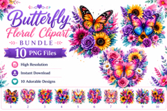 Butterfly Floral Clipart Bundle, Colorful Butterfly PNG Product Image 1