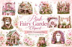 Pink Fairy Garden Watercolor Clipart Bundle, Cottagecore Product Image 1