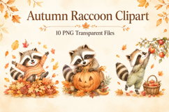 Autumn Raccoon Watercolor Clipart Bundle, Cute Fall Raccoon Product Image 1