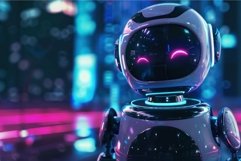 Cute robot looking happy in cyberpunk city at night Product Image 1