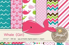 Whale Girl Digital papers and Clipart SET, Anchor, water wave, Animal for Birthday, Baby Shower, Planner Product Image 1