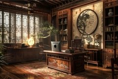 Traditional asian home office interior at sunset Product Image 1