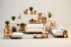 Modern living room interior with geometric shelving and plan Product Image 1