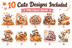 Autumn Raccoon Watercolor Clipart Bundle, Cute Fall Raccoon Product Image 2